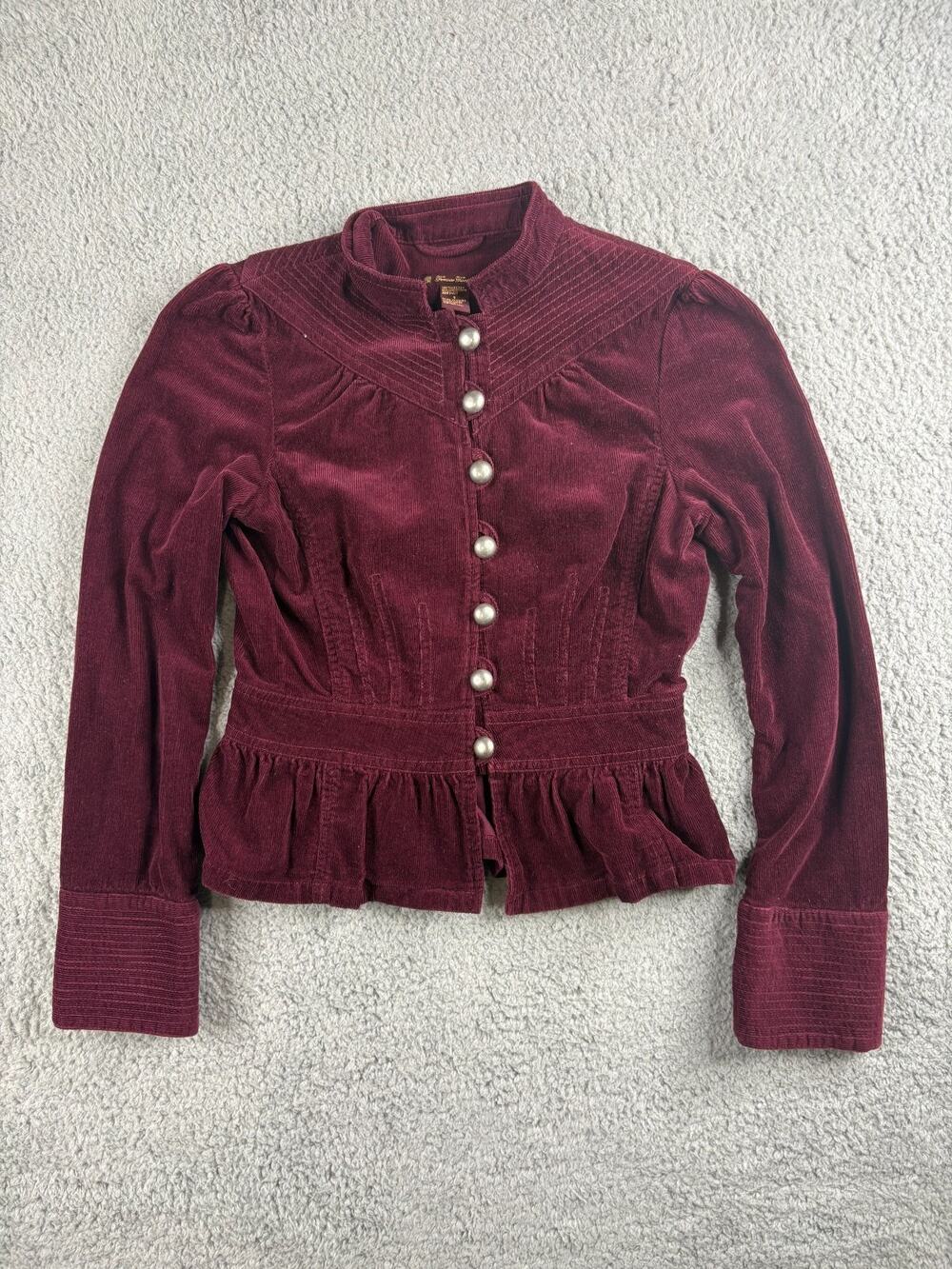 Forever 21 Corduroy Victorian Jacket Women's Small Burgundy Ruffle Military